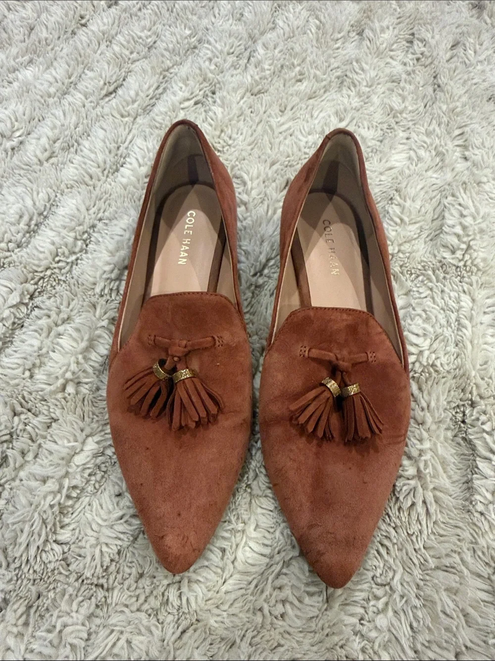 Cole Haan Rust Suede Pointed Tassel Loafers